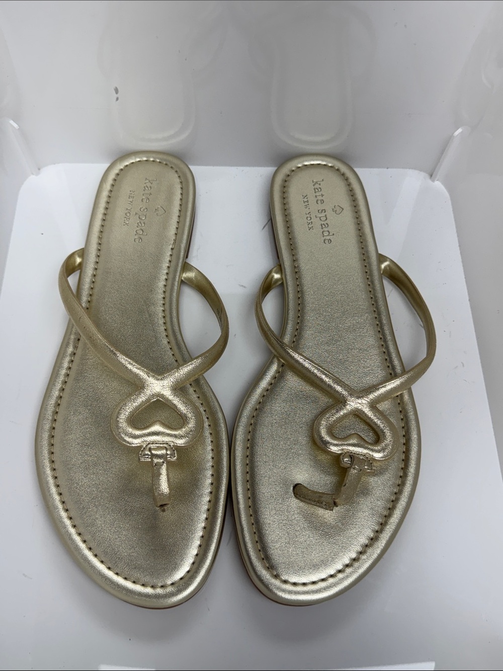 kate spade Metallic Gold Heart-Detail Thong Sandals